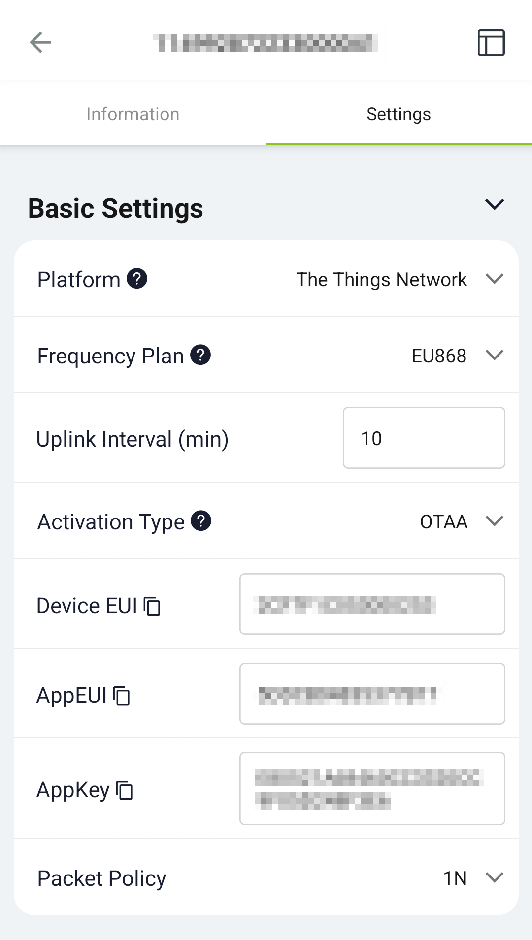 Settings tab of the device.