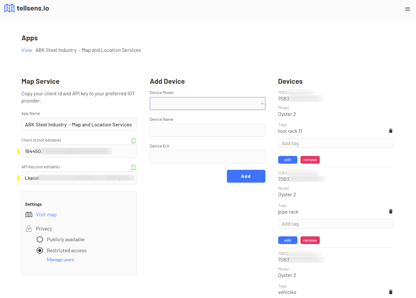 Tellsens API Key Inteface