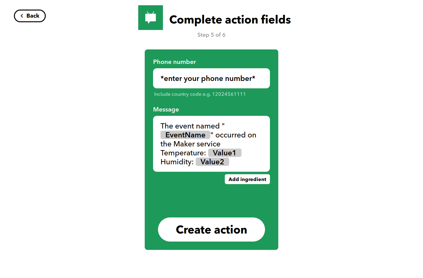 Completing the action fields