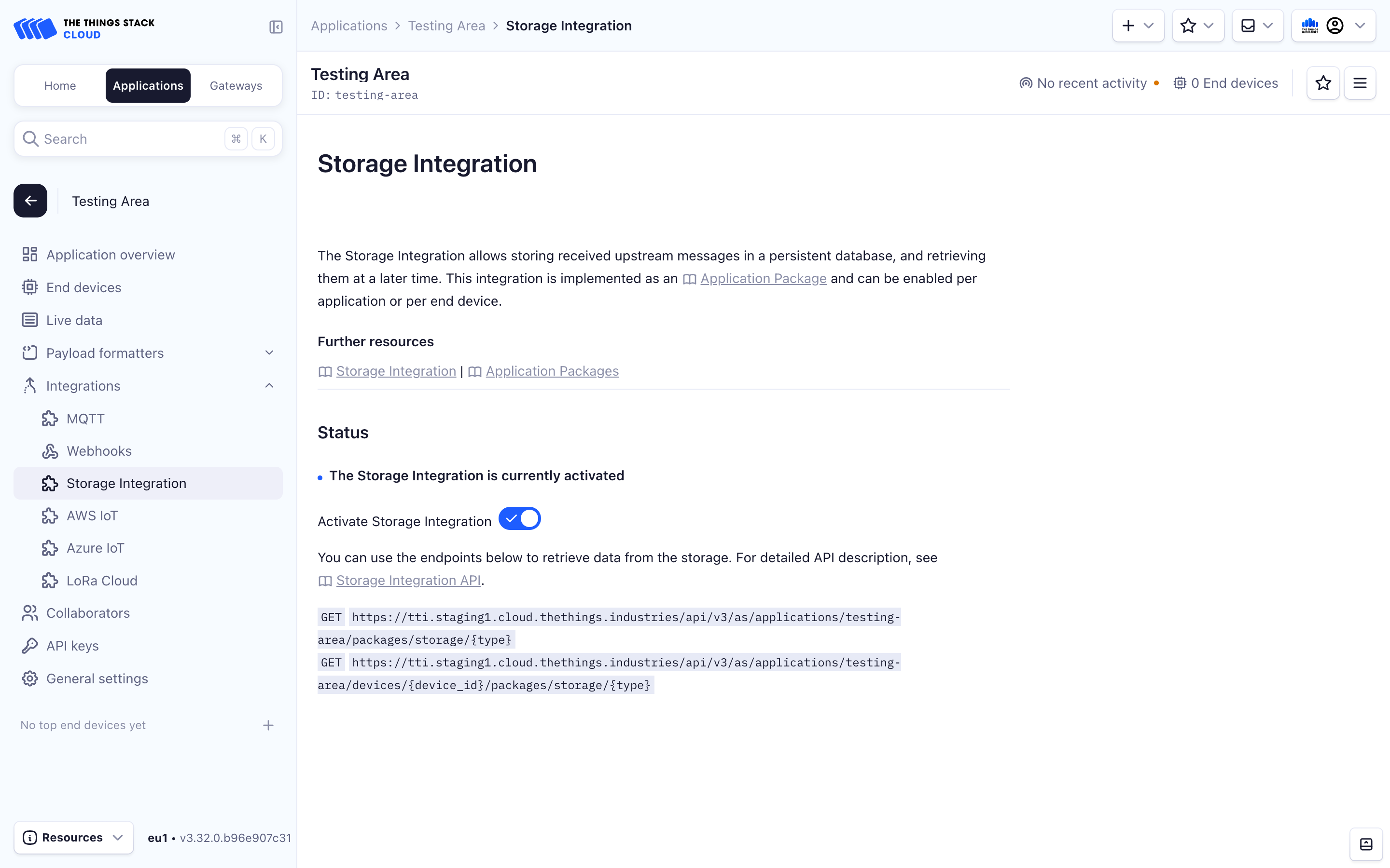 Activated Storage Integration screen