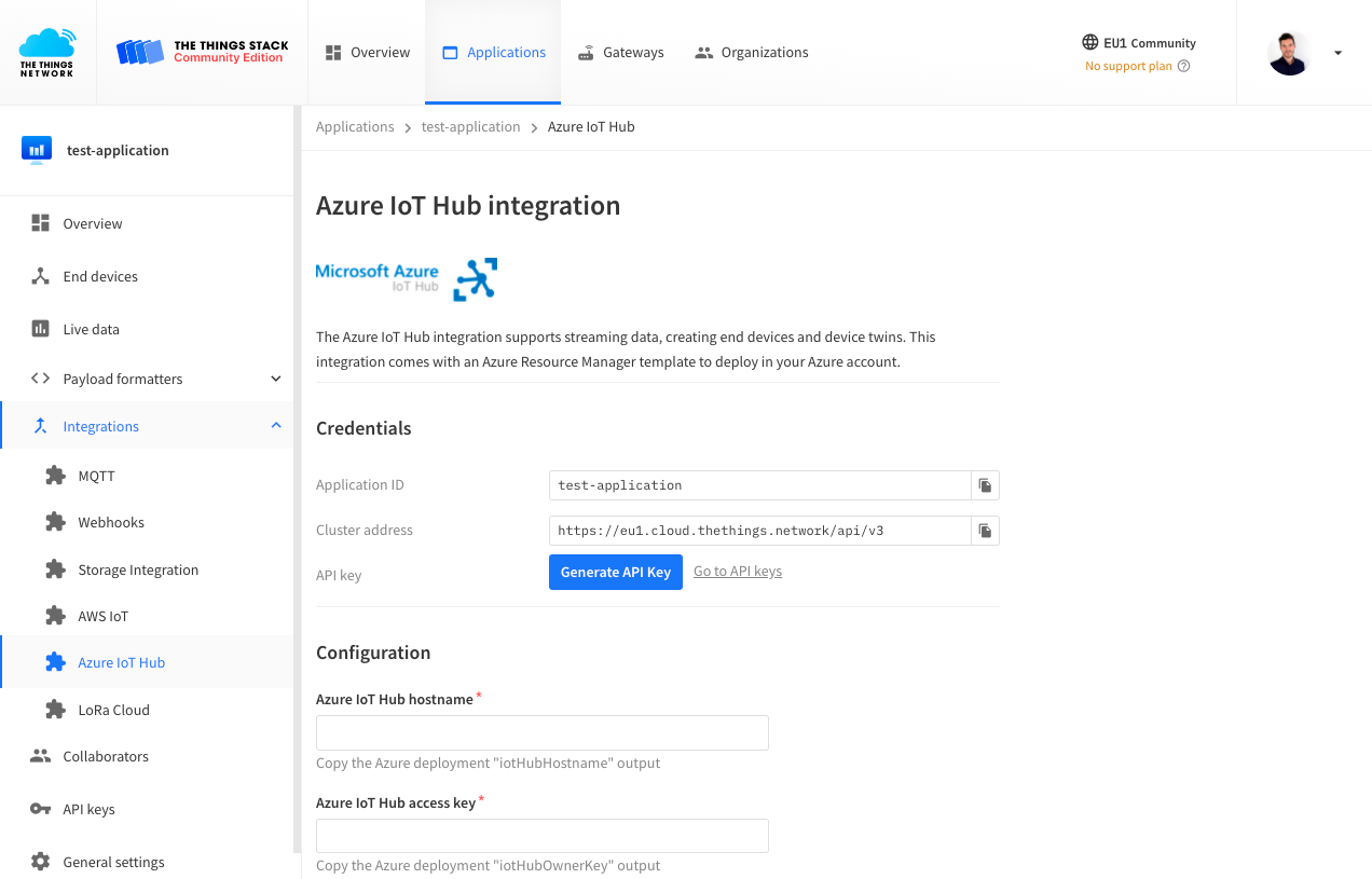 Microsoft Azure IoT Hub Integration in The Things Stack Console 